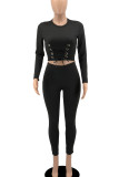 Red Casual Solid Patchwork Frenulum O Neck Long Sleeve Two Pieces