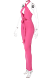 Rose Red Sexy Solid Hollowed Out Halter Pencil Skirt Dresses