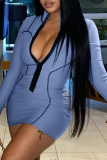 Sky Blue Sexy Solid Patchwork Zipper Collar Pencil Skirt Dresses