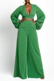 Red Fashion Casual Solid Bandage V Neck Long Sleeve Two Pieces