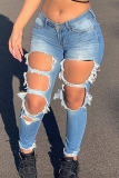 Baby Blue Casual Print Ripped Mid Waist Skinny Denim Jeans