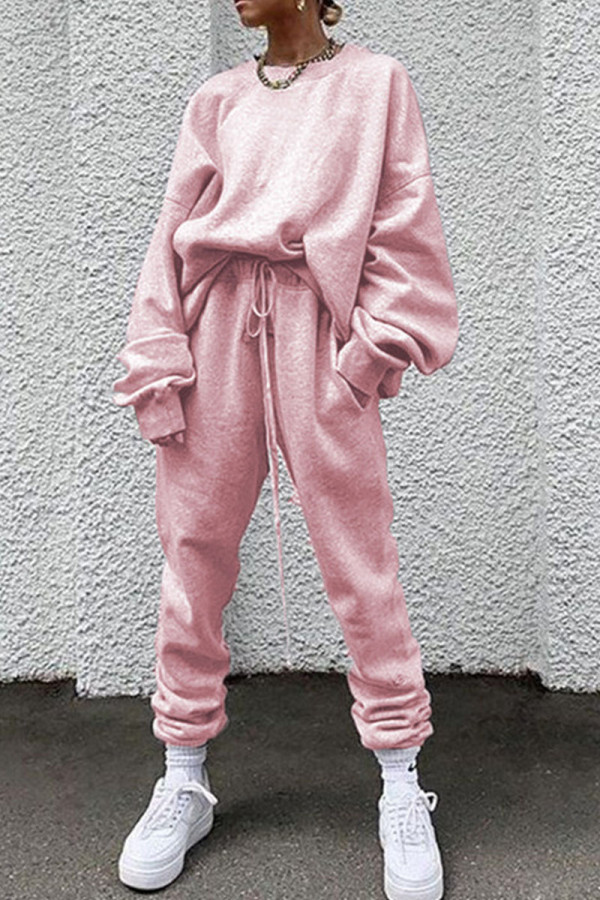 Pink Casual Solid Patchwork O Neck Long Sleeve Two Pieces