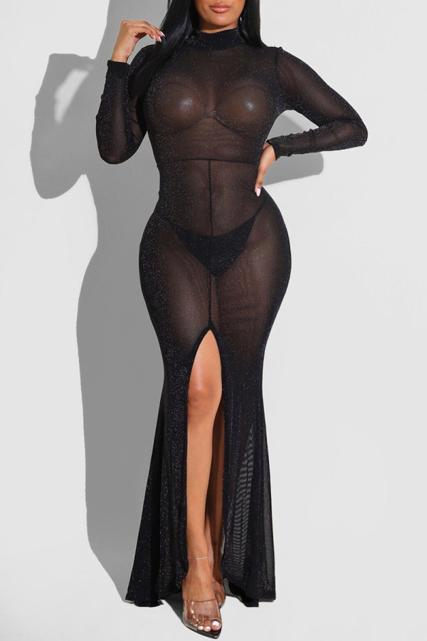Black Sexy Solid See-through Slit O Neck Long Sleeve Dresses pre-sale