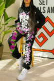 Black Fashion Casual Print Basic O Neck Long Sleeve Two Pieces