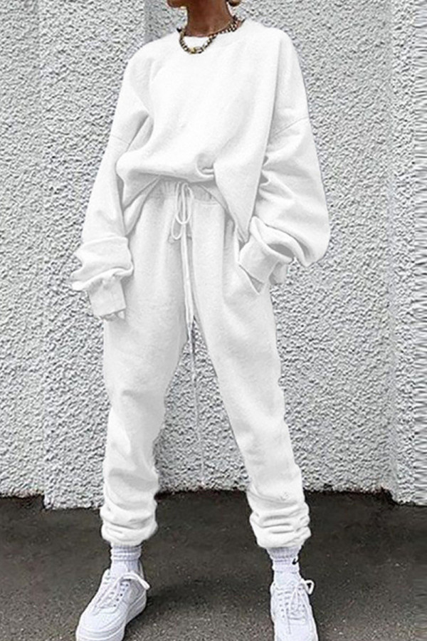 White Casual Solid Patchwork O Neck Long Sleeve Two Pieces