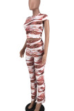 Red Casual Print Patchwork O Neck Short Sleeve Two Pieces