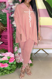 Pink Fashion Casual Print Slit V Neck Long Sleeve Two Pieces