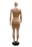Khaki Sexy Hot Drilling Hollowed Out Backless Oblique Collar Long Sleeve Dresses
