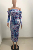 Multicolor Elegant Print Tie Dye Patchwork Off the Shoulder Pencil Skirt Dresses