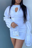 White Celebrities Solid Hollowed Out Patchwork Frenulum Backless O Neck A Line Dresses