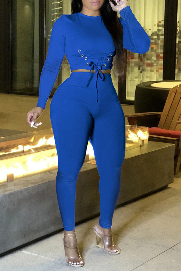 Peacock Blue Casual Solid Patchwork Frenulum O Neck Long Sleeve Two Pieces