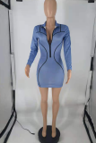 Sky Blue Sexy Solid Patchwork Zipper Collar Pencil Skirt Dresses