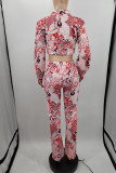 Red Fashion Casual Print Basic Turndown Collar Long Sleeve Two Pieces