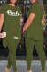 Army Green Casual Letter Print Patchwork Asymmetrical O Neck Short Sleeve Two Pieces