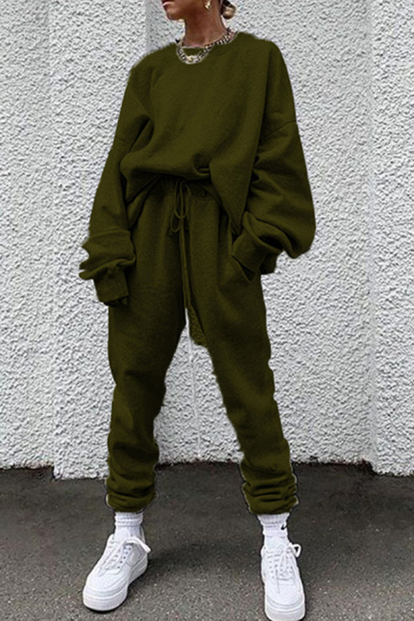 Army Green Casual Solid Patchwork O Neck Long Sleeve Two Pieces