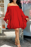 Red Casual Solid Patchwork Off the Shoulder Lantern Dress Dresses