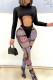 Black Sexy Print Hollowed Out Patchwork O Neck Long Sleeve Two Pieces