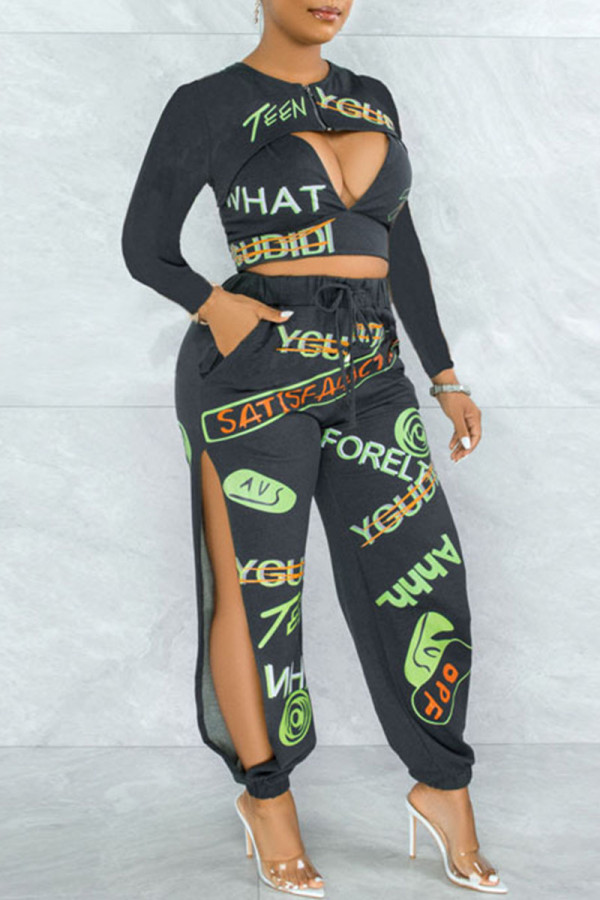 Dark Gray Sexy Letter Print Hollowed Out Patchwork Zipper Zipper Collar Long Sleeve Three Pieces