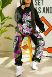 Black Fashion Casual Print Basic O Neck Long Sleeve Two Pieces