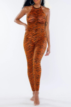 Red Sexy Print Split Joint Halter Skinny Jumpsuits