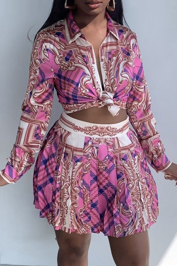 Rose Red Fashion Casual Print Basic Turndown Collar Long Sleeve Two Pieces