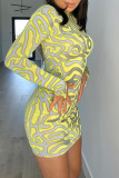 Yellow Casual Solid Patchwork O Neck Pencil Skirt Dresses