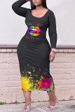Black Casual Print Patchwork U Neck Long Sleeve Plus Size Dresses
