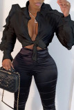 Black Casual Street Solid Patchwork Buckle Flounce Asymmetrical Turndown Collar Tops