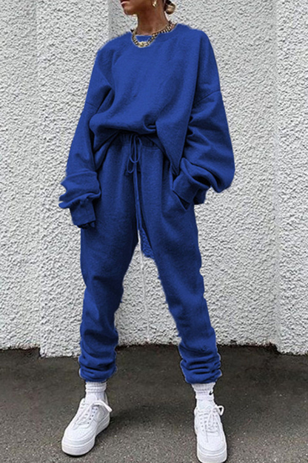 Blue Casual Solid Patchwork O Neck Long Sleeve Two Pieces