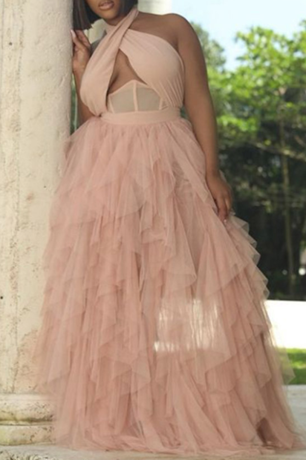 Pink Sexy Solid Mesh Halter Mesh Dress Dresses