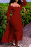 Red Fashion Casual Solid Asymmetrical V Neck Long Sleeve Two Pieces