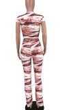 Red Casual Print Patchwork O Neck Short Sleeve Two Pieces