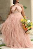Pink Sexy Solid Mesh Halter Mesh Dress Dresses