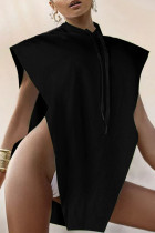 Black Sexy Solid Split Joint Asymmetrical Hooded Collar Tops