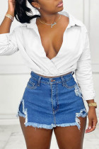White Fashion Casual Solid Split Joint Turndown Collar Tops