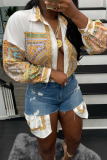 White Yellow Casual Print Patchwork Turndown Collar Shirt Dress Dresses