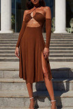 Brown Sexy Solid Bandage Hollowed Out Backless Strapless Long Sleeve Dresses