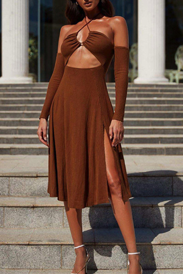 Brown Sexy Solid Bandage Hollowed Out Backless Strapless Long Sleeve Dresses