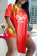 Red Fashion Casual Letter Print Slit V Neck Short Sleeve Two Pieces