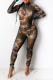 Green Sexy Print Mesh Zipper Collar Skinny Jumpsuits