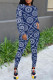 Blue Fashion Casual Print Basic O Neck Long Sleeve Two Pieces