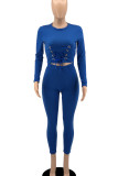Red Casual Solid Patchwork Frenulum O Neck Long Sleeve Two Pieces