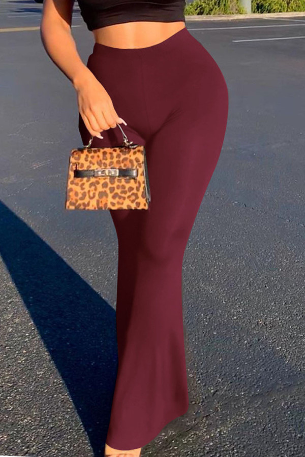 Burgundy Casual Solid Boot Cut High Waist Speaker Solid Color Bottoms