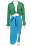 Turquoise Sexy Solid Split Joint Knotted Asymmetrical Turndown Collar Long Sleeve Two Pieces