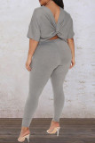 Grey Casual Solid Split Joint Backless Knotted Asymmetrical O Neck Plus Size Two Pieces
