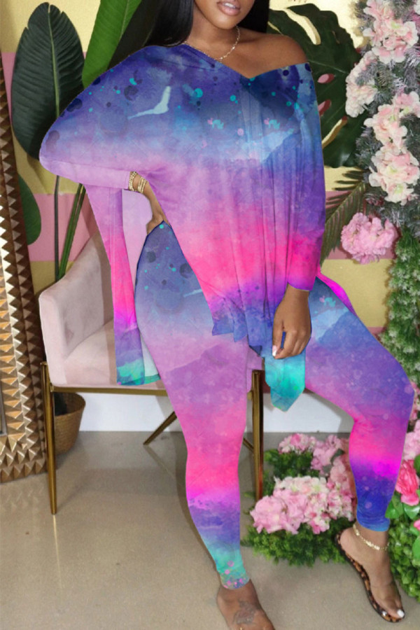 Rose Purple Casual Gradual Change Print Slit V Neck Long Sleeve Two Pieces