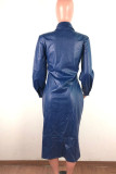 Blue Casual Solid Patchwork Buckle Turndown Collar Outerwear