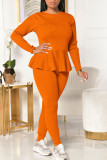 Tangerine Casual Solid Bandage Split Joint Flounce O Neck Long Sleeve Two Pieces