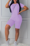 purple knit Sexy Solid Two Piece Suits Patchwork Straight Short Sleeve