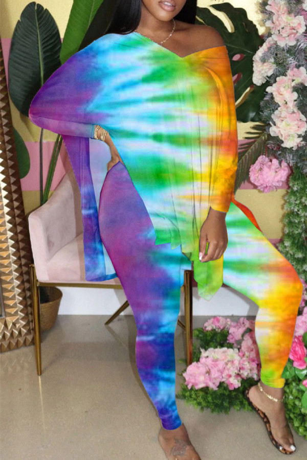 Multi-color Casual Gradual Change Print Slit V Neck Long Sleeve Two Pieces